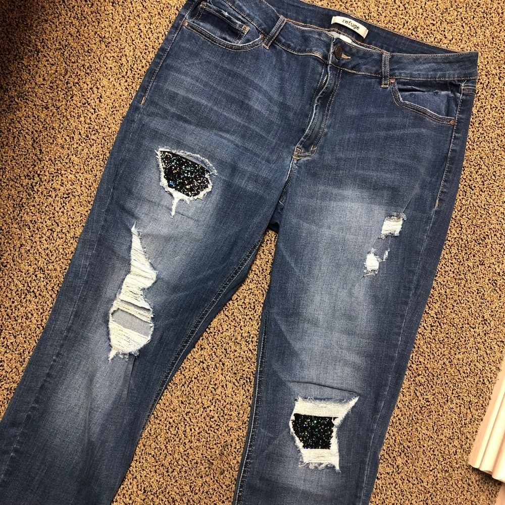 Refuge Skinny Ankle Jeans - Glitter Distressed